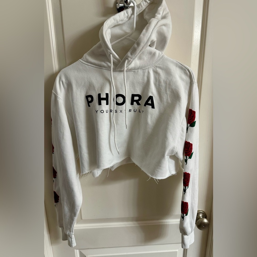 Phora Yours Truly White Cropped Rose Sleeve Hoodie - Medium - NWOT